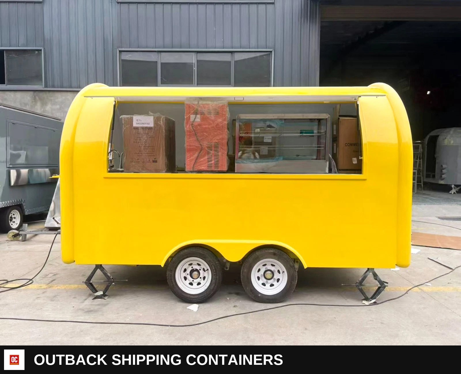 Yellow Mobile Catering Food Trailer Twin Axle Dual Serving Hatch for sale — front exterior view