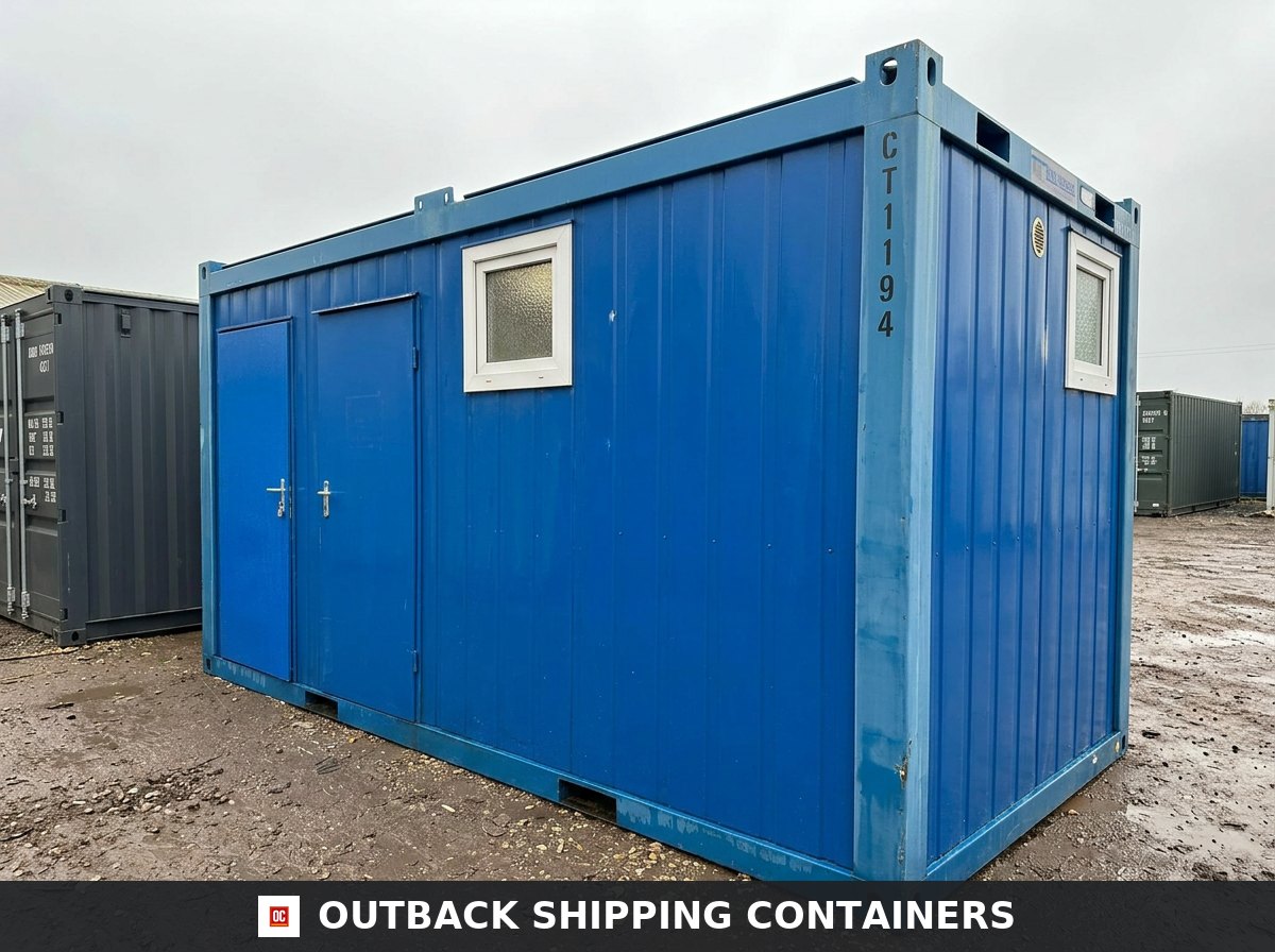 16 x 8 ft for Sale — Three-Quarter Angle View | Outback Shipping Containers Opposite three-quarter corner view of the 16 x 8 ft portable toilet block cabin on a hardstanding yard