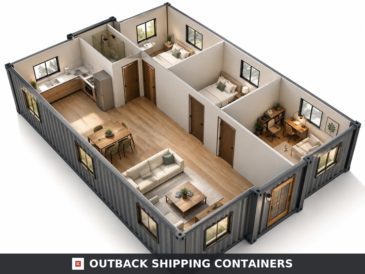 40ft Luxury 3 Bedroom Foldable Container Home – 1 Living Room, 1 Bathroom & Kitchen, Prefab Mobile House Easy Setup Exterior of the 40ft luxury foldable container home at dusk with white steel cladding and full-height black-framed glazing
