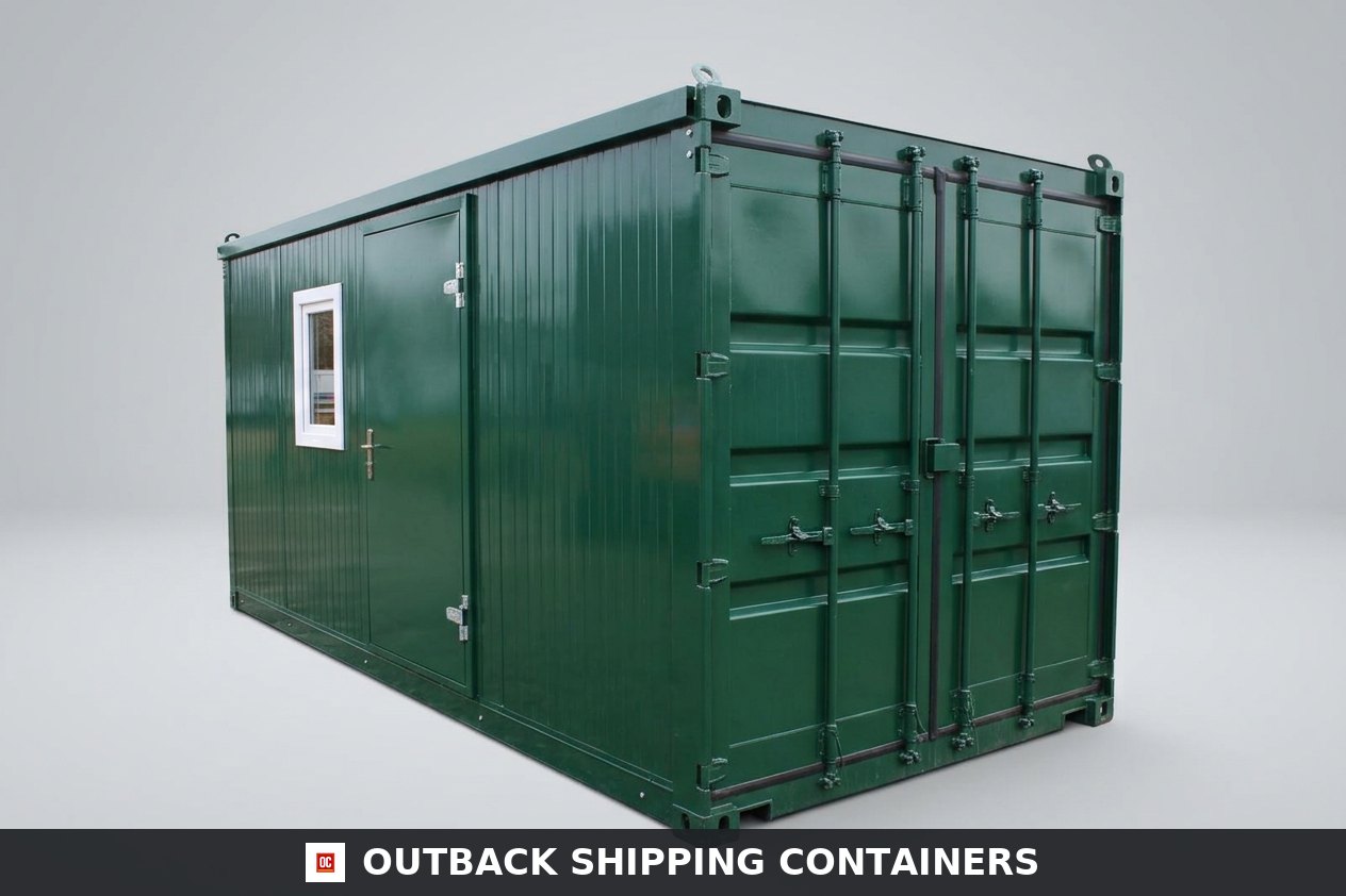 Green 4.3m flat packed office cabin with a steel door and two white-framed windows on a neutral background