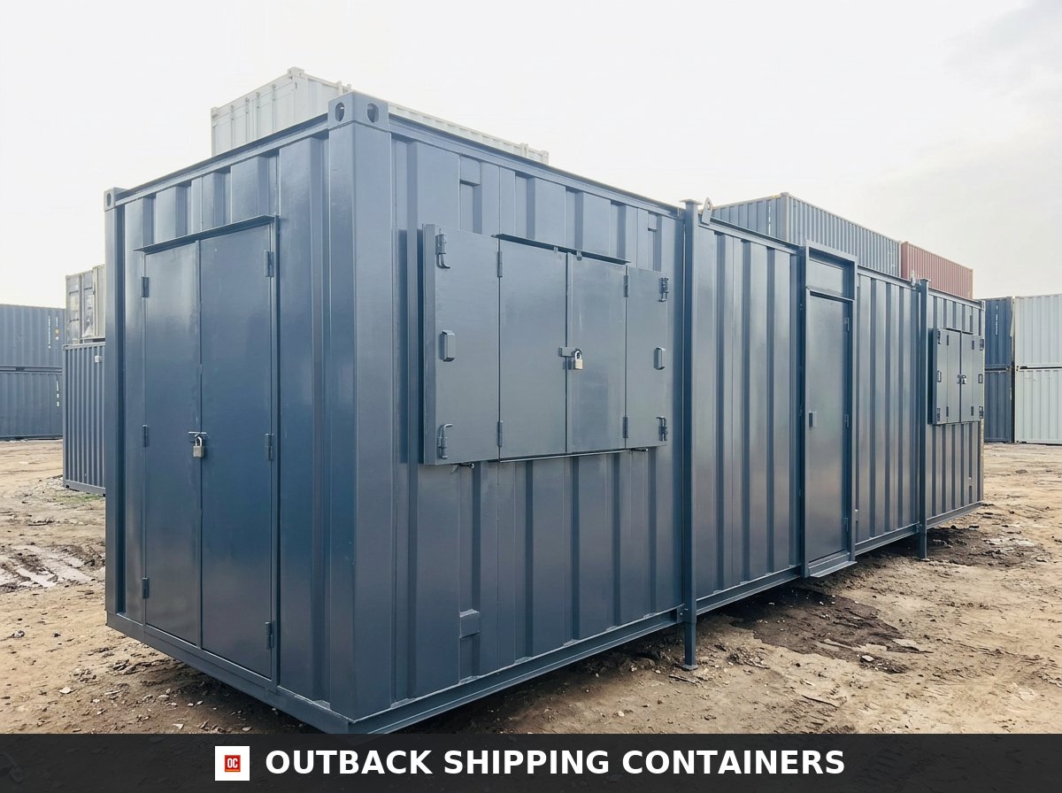 24x8 ft 24X8FT for Sale — Side Profile View | Outback Shipping Containers Opposite three-quarter rear corner view of the 24x8 ft anti-vandal site office cabin with shutters closed