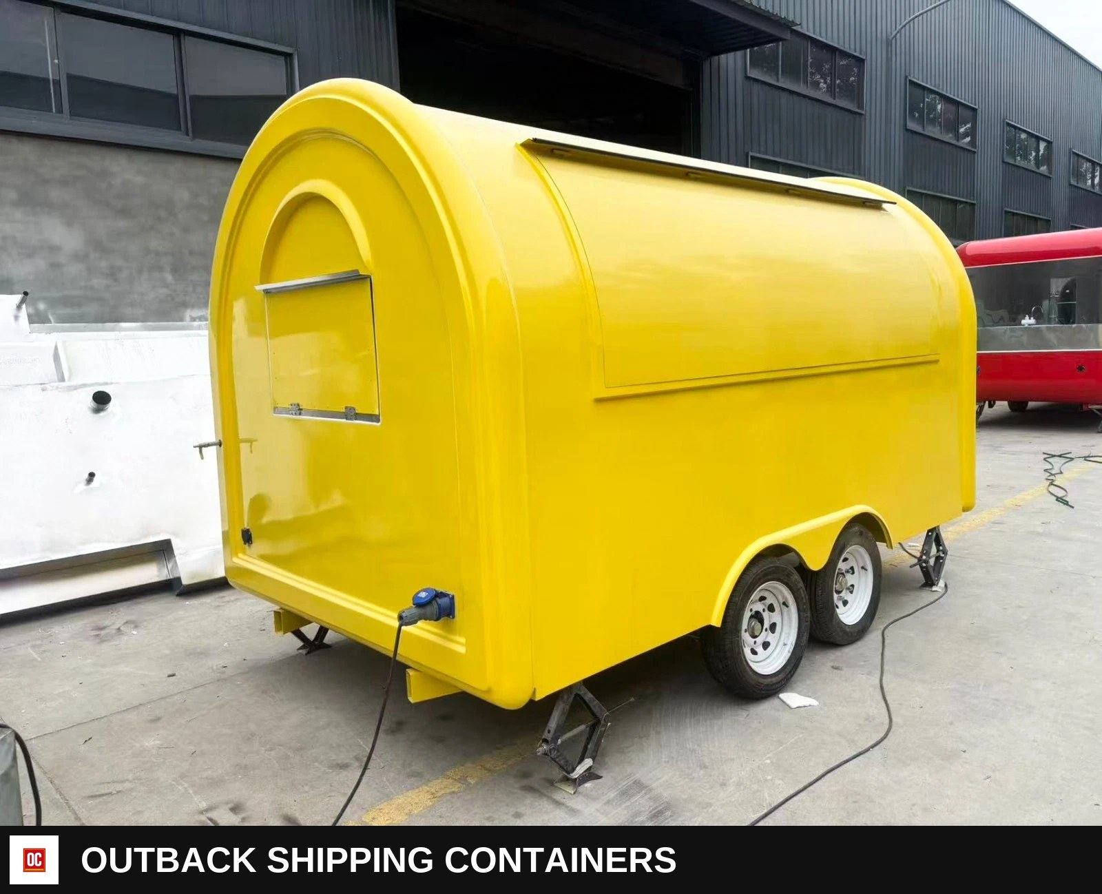 Yellow Mobile Catering Food Trailer Twin Axle Dual Serving Hatch — Driver-Side Profile | Outback Shipping Containers Yellow Mobile Catering Food Trailer Twin Axle Dual Serving Hatch for sale — driver-side profile