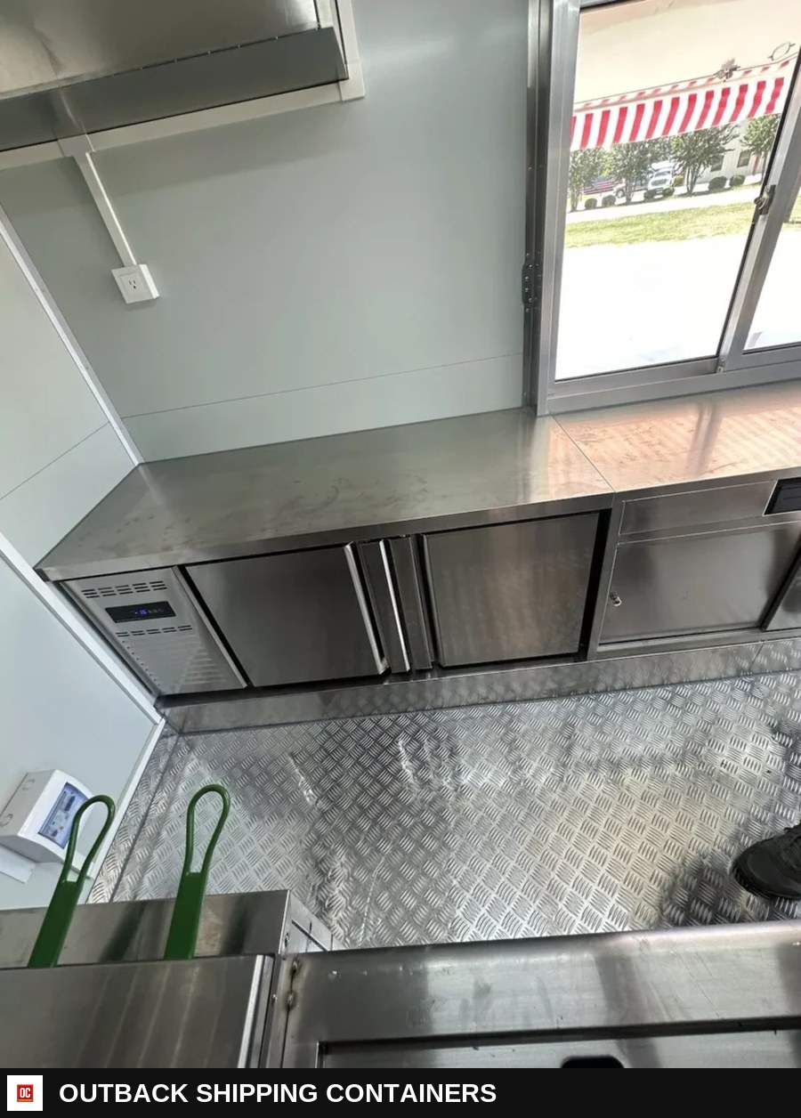 14 ft Fully Equipped Food Trailer Ready for Cooking — Stainless Prep And Counter Area | Outback Shipping Containers 14 ft Fully Equipped Food Trailer Ready for Cooking for sale — stainless prep and counter area