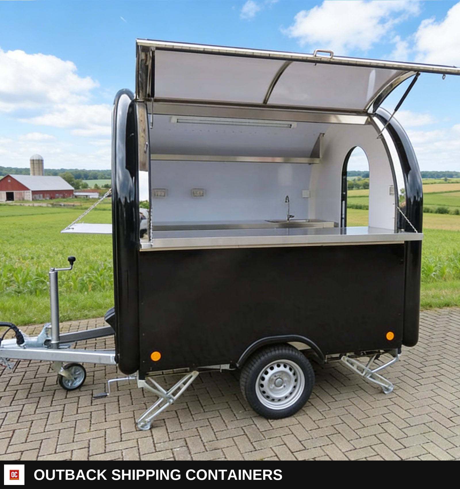 Small Enclosed Mobile Restaurant Food Truck Mobile Food Catering Trailer — Serving Window And Hatch | Outback Shipping Containers Small Enclosed Mobile Restaurant Food Truck Mobile Food Catering Trailer for sale — serving window and hatch