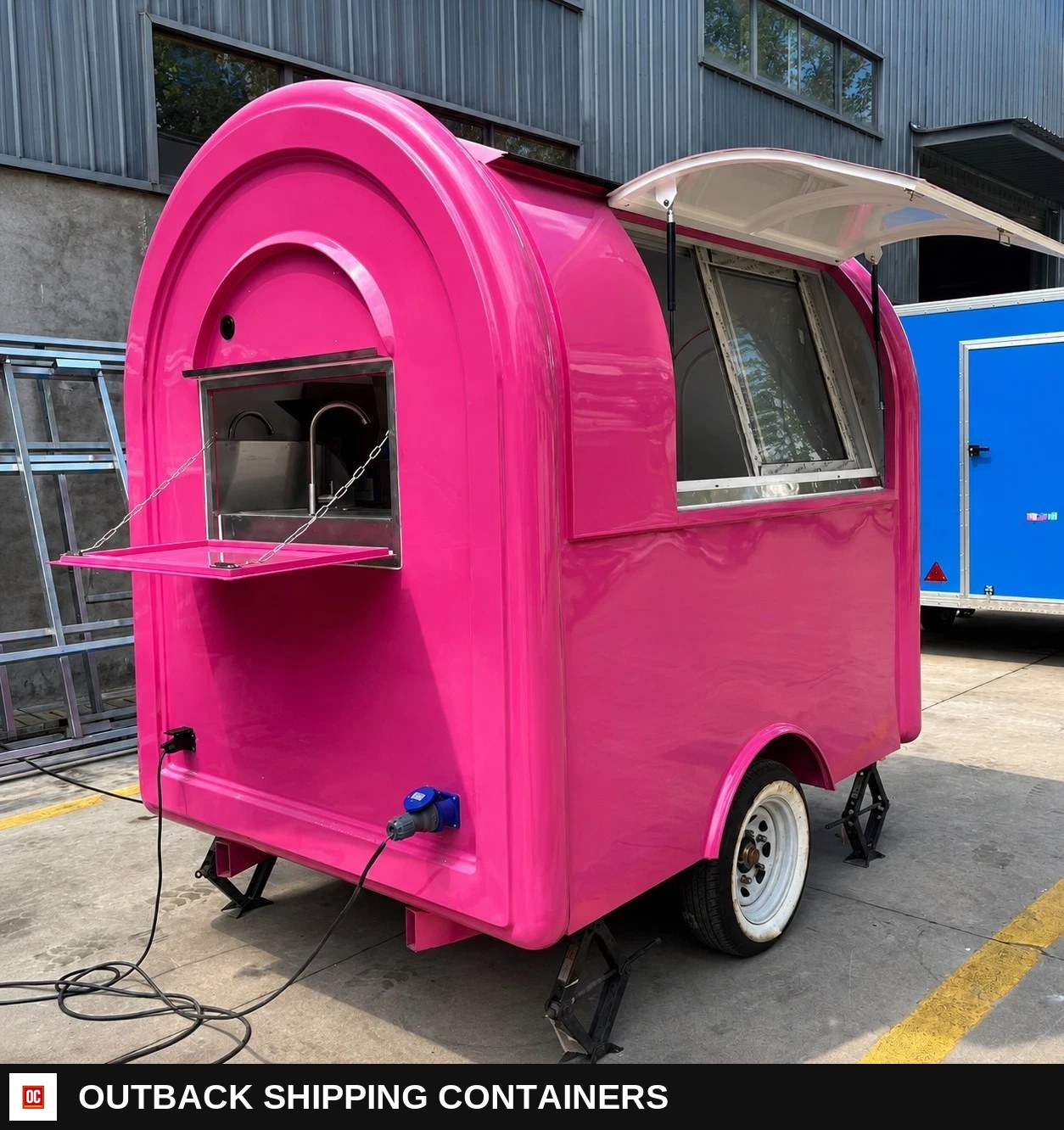Pink Mobile Catering Food Trailer Single Axle Dual Serving Hatch Coffee for sale — front exterior view