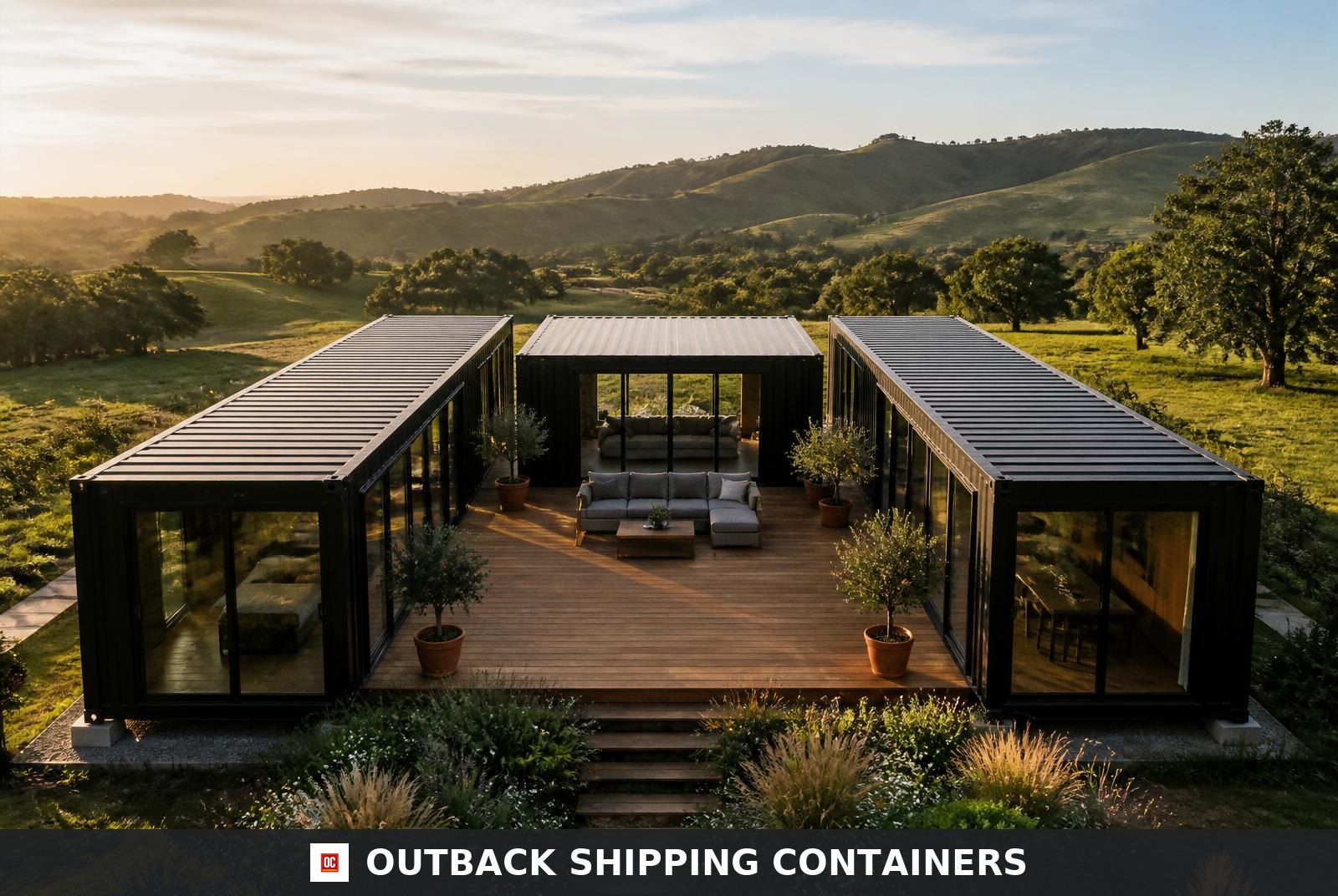 Trinity U-shape container home — aerial view of two 40ft and one 20ft containers around a central wood deck at golden hour