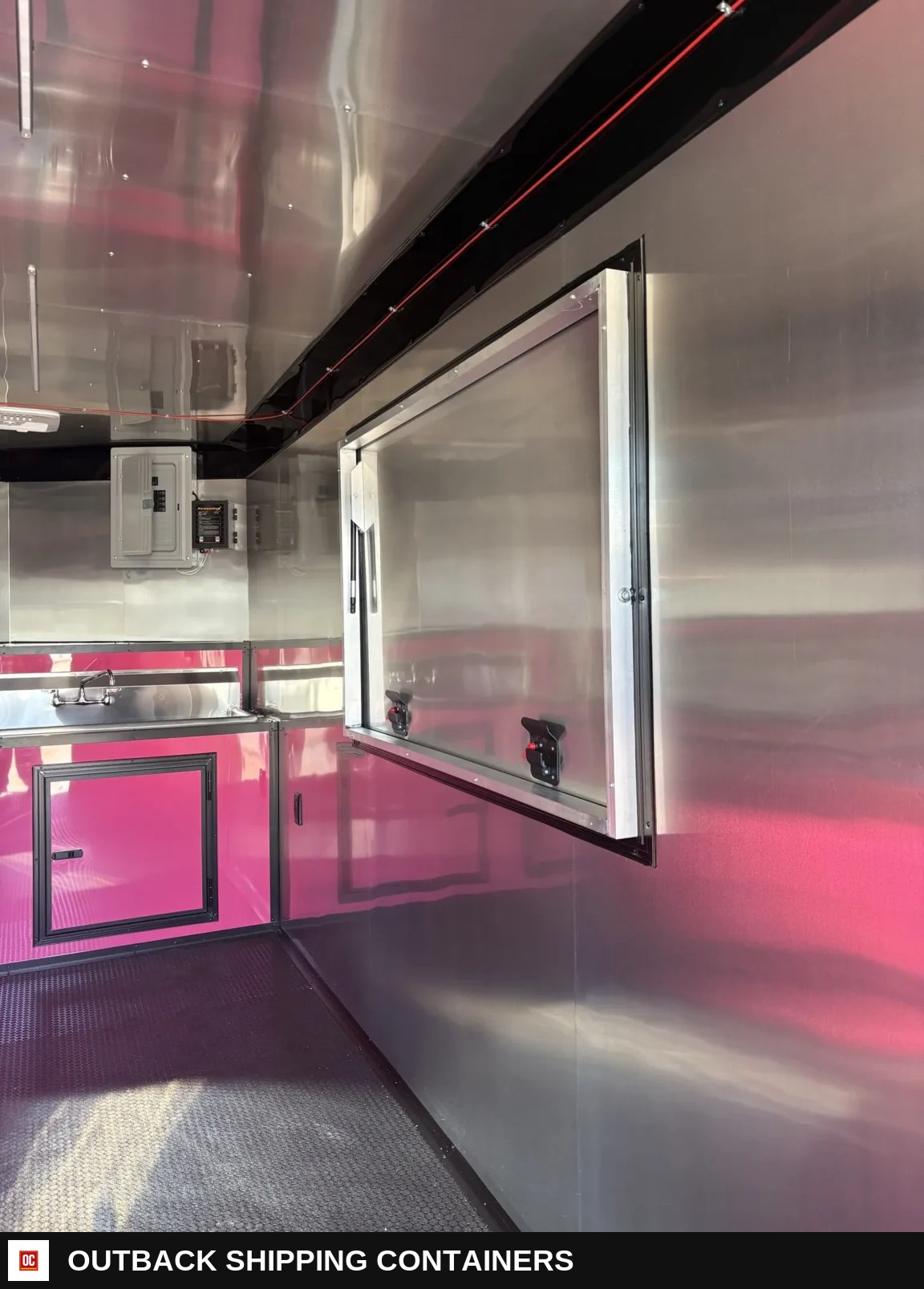 7x16TA Coast to Coast Concession Trailer Pink Blackout Package — Serving Window And Hatch | Outback Shipping Containers 7x16TA Coast to Coast Concession Trailer Pink Blackout Package for sale — serving window and hatch