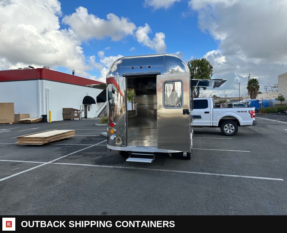 Mobile Food Cart Trailer open on both sides FT38 — Three-Quarter Front Angle | Outback Shipping Containers Mobile Food Cart Trailer open on both sides FT38 for sale — three-quarter front angle