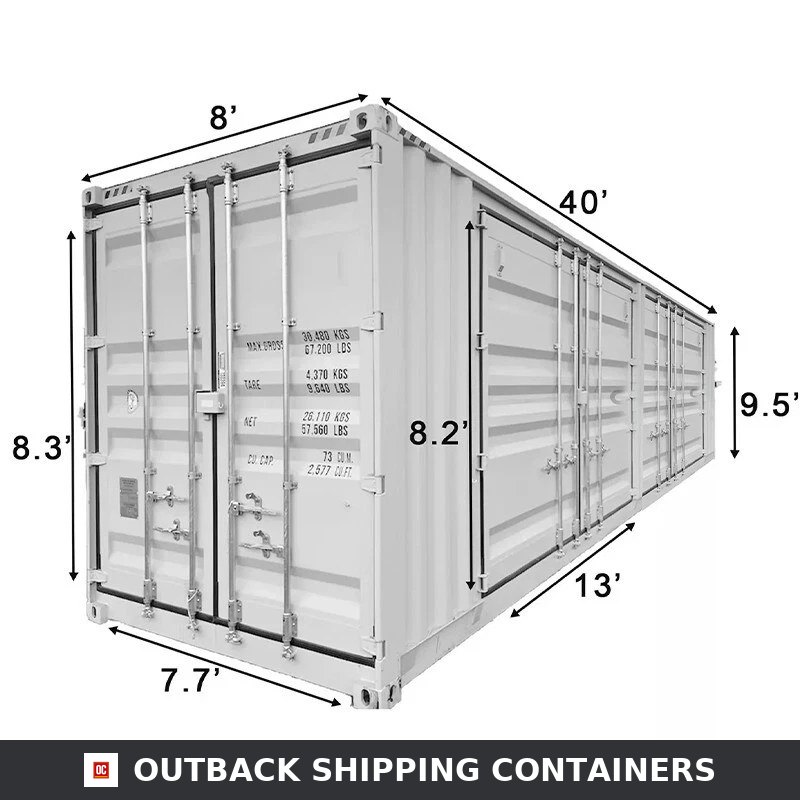 40ft shipping container with 4 side doors showing exterior dimensions for length, width, and door clearance heights