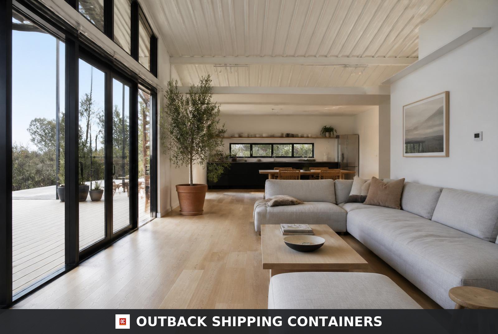 Trinity U-shape container home — open-plan living room with grey sectional and floor-to-ceiling glass sliders to the deck