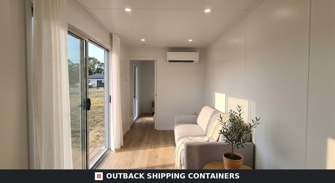 Luxury 40ft prefab container house with easy-folding sandwich panels for Sale — Interior Detail Luxury 40ft prefab container house interior — open-plan living area with grey sofa and sliding glass door