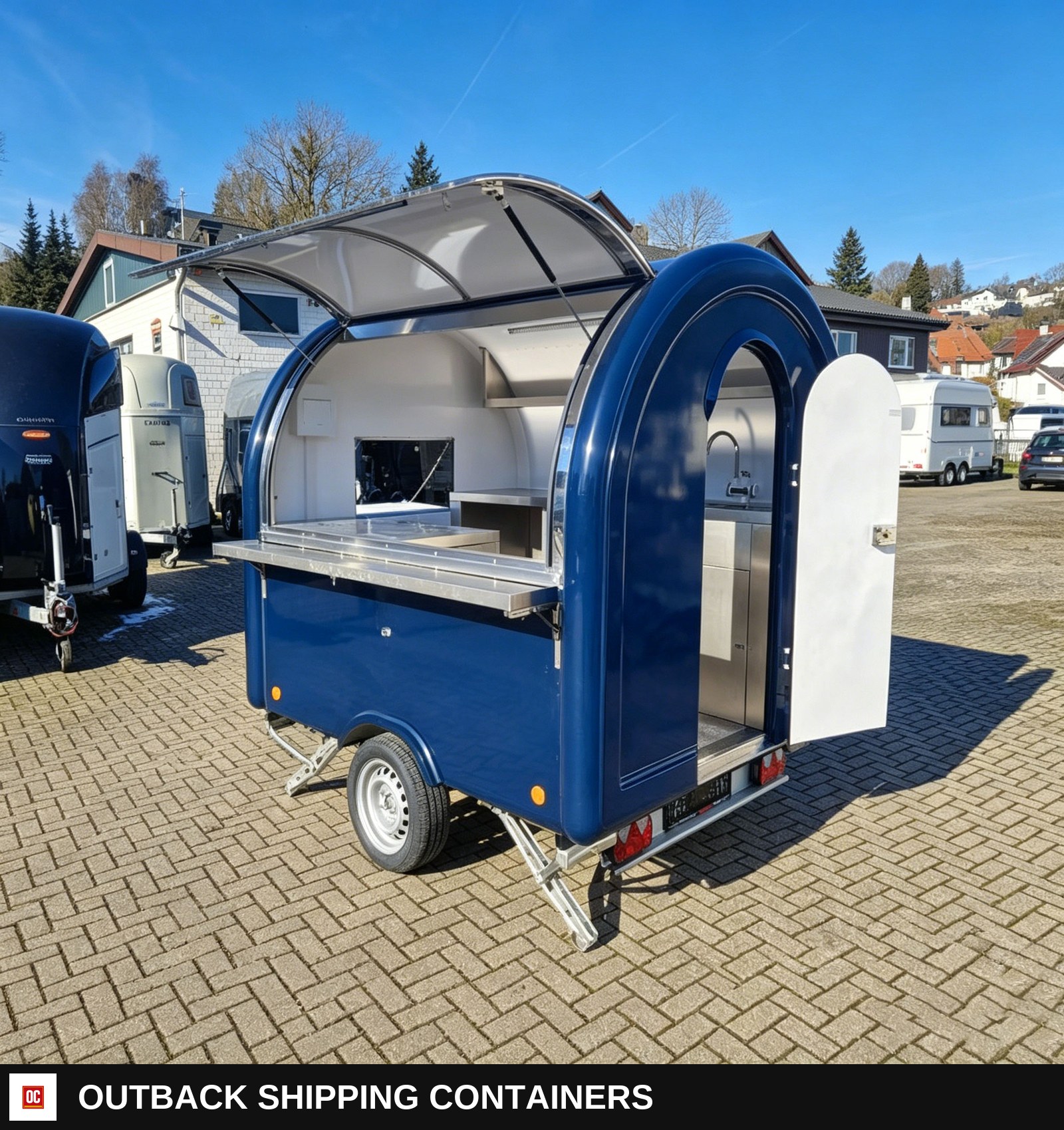 Small Fully Equipped Food Truck Custom Mini Coffee & Ice Cream Trailer for Sale — Driver-Side Profile | Outback Shipping Containers Small Fully Equipped Food Truck Custom Mini Coffee & Ice Cream Trailer for Sale for sale — driver-side profile