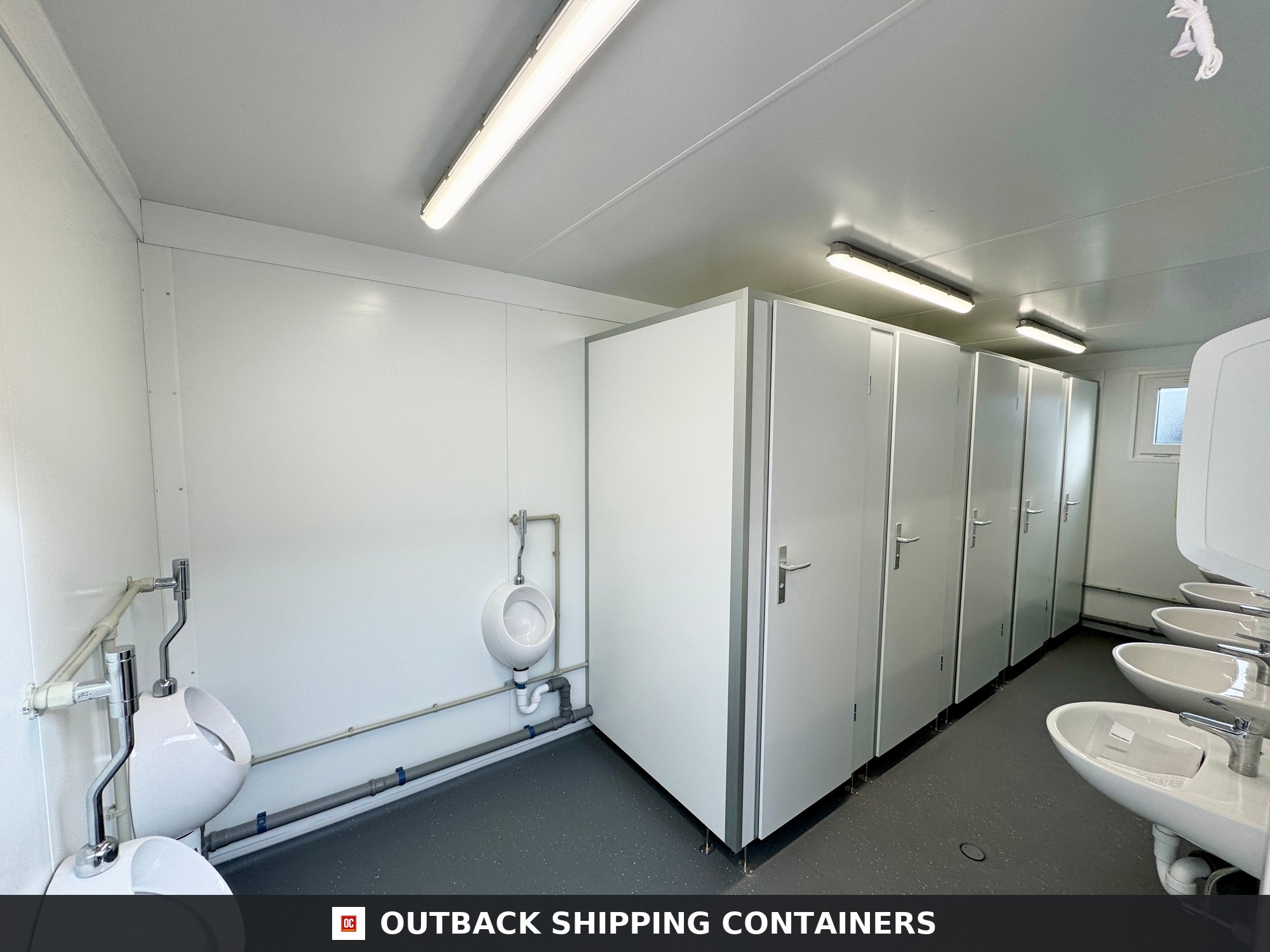 Toilet Block for Sale — Side Profile View | Outback Shipping Containers Toilet Block — 5 WC / 5 Basins / 4 Urinals — 20 x 8 ft NEW Portable — Grey — No 797 — product gallery image 2 of 19