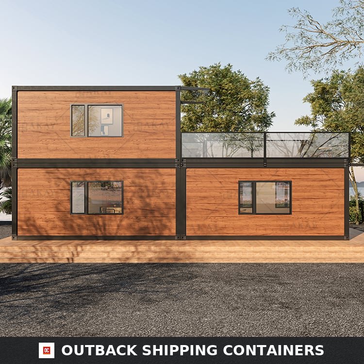 1BHK Duplex Container Home 40ft for Sale — Three-Quarter Angle View | Outback Shipping Containers Three-quarter exterior view of the 592 sq ft duplex container tiny home with rooftop deck