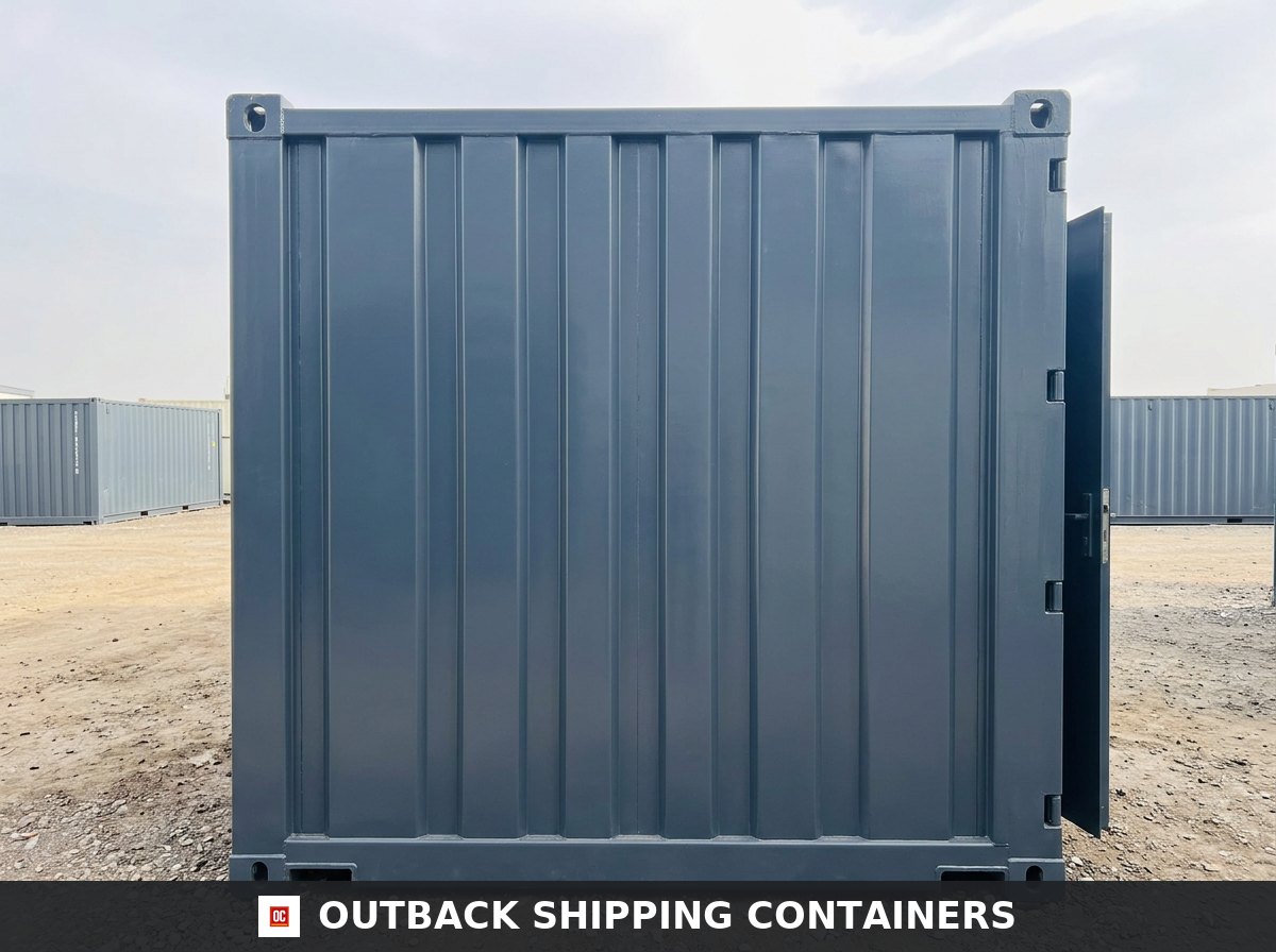 24x8 ft 24X8FT for Sale — Three-Quarter Angle View | Outback Shipping Containers End elevation of the 24x8 ft anti-vandal office cabin showing corrugated steel wall and corner castings