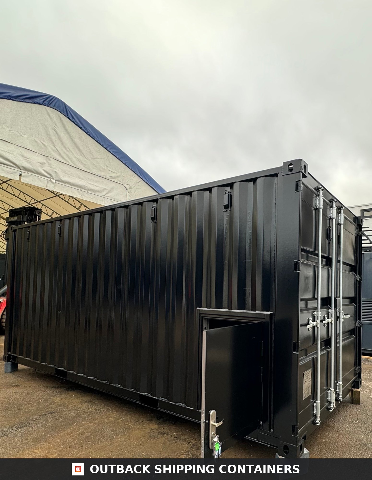 20x8ft CUSTOM Converted/Modified Shipping Container for Sale — Corner Casting and Frame Detail Jet Black 20x8ft custom container — angle 10