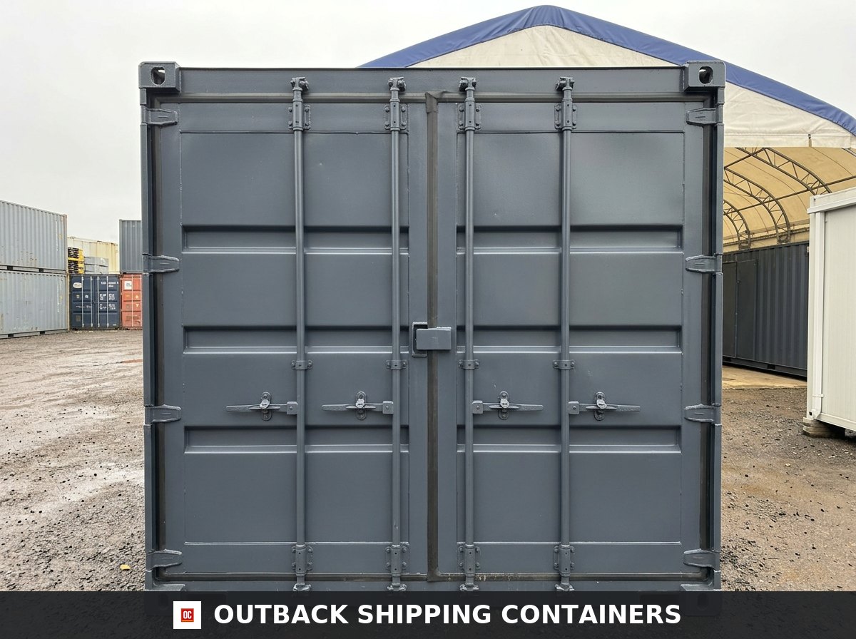 32x10ft for Sale — Rear Exterior View | Outback Shipping Containers Square-on end elevation of the 32x10ft anti-vandal portable office showing the twin steel cargo doors and locking bars