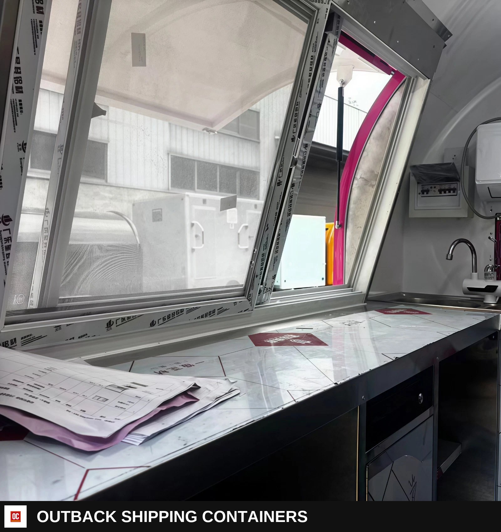 Pink Mobile Catering Food Trailer Single Axle Dual Serving Hatch Coffee — Serving Window And Hatch | Outback Shipping Containers Pink Mobile Catering Food Trailer Single Axle Dual Serving Hatch Coffee for sale — serving window and hatch