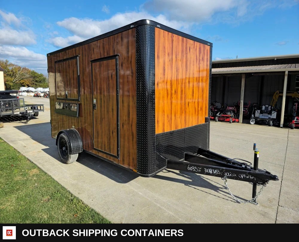 7 x 12 Wood Grain Concession Food Catering Vending Trailer — Tongue, Coupler And Hitch | Outback Shipping Containers 7 x 12 Wood Grain Concession Food Catering Vending Trailer for sale — tongue, coupler and hitch