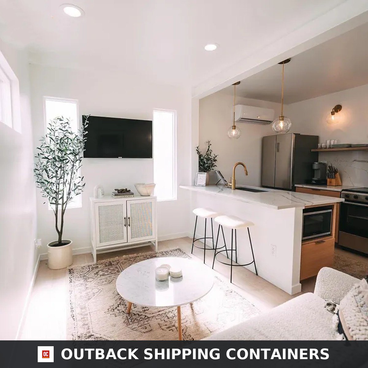 Open-plan living room and kitchen of the Duplex 3BHK container home with sofa, wall-mounted television and island bench