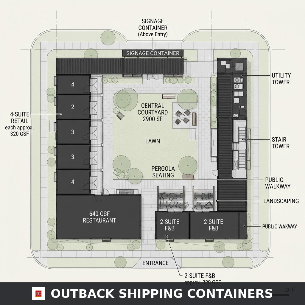 Front elevation and cantilevered signage container at Stockbridge Container Park