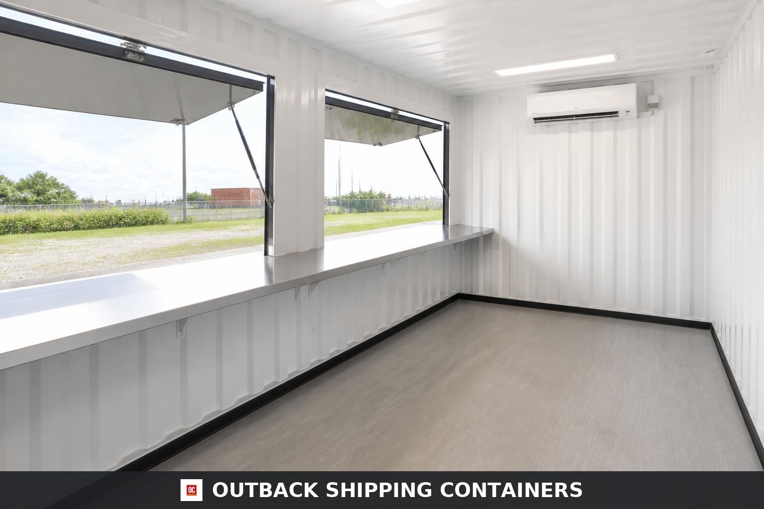 Outback Vendor 20ft Concession & Retail Kiosk Container for Sale — Rear Exterior View Interior service counter of the concession kiosk in stainless steel beneath the open serving hatches