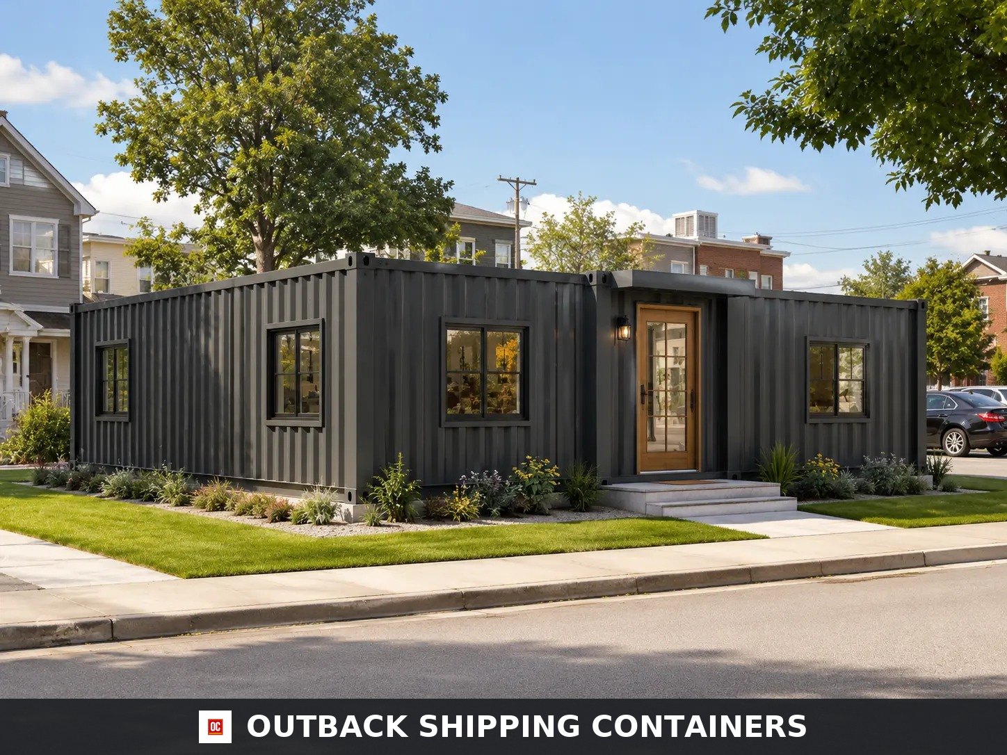 40ft Luxury 3 Bedroom Foldable Container Home for Sale Exterior View in Urban Setting 40ft Luxury 3 Bedroom Foldable Container Home exterior with matte black siding and wood front door on a city lot