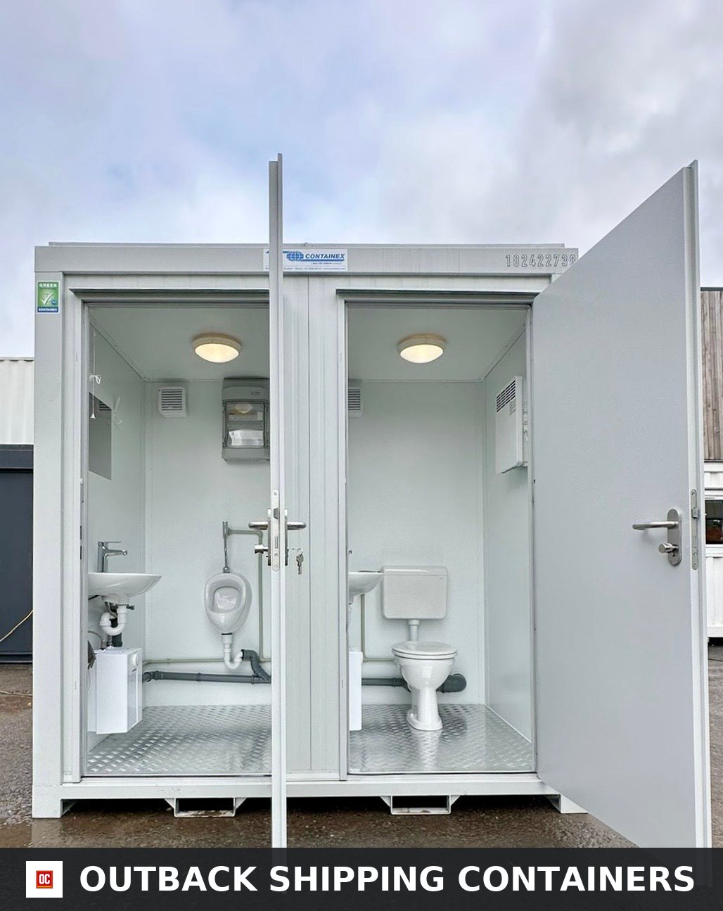 NEW Portable Toilet + Urinal for Sale — Side Profile View | Outback Shipping Containers NEW Portable Toilet + Urinal — Male/Female WC + Urinal — 8 x 5 ft — Light Grey — No 792 — primary exterior image 1 of 13