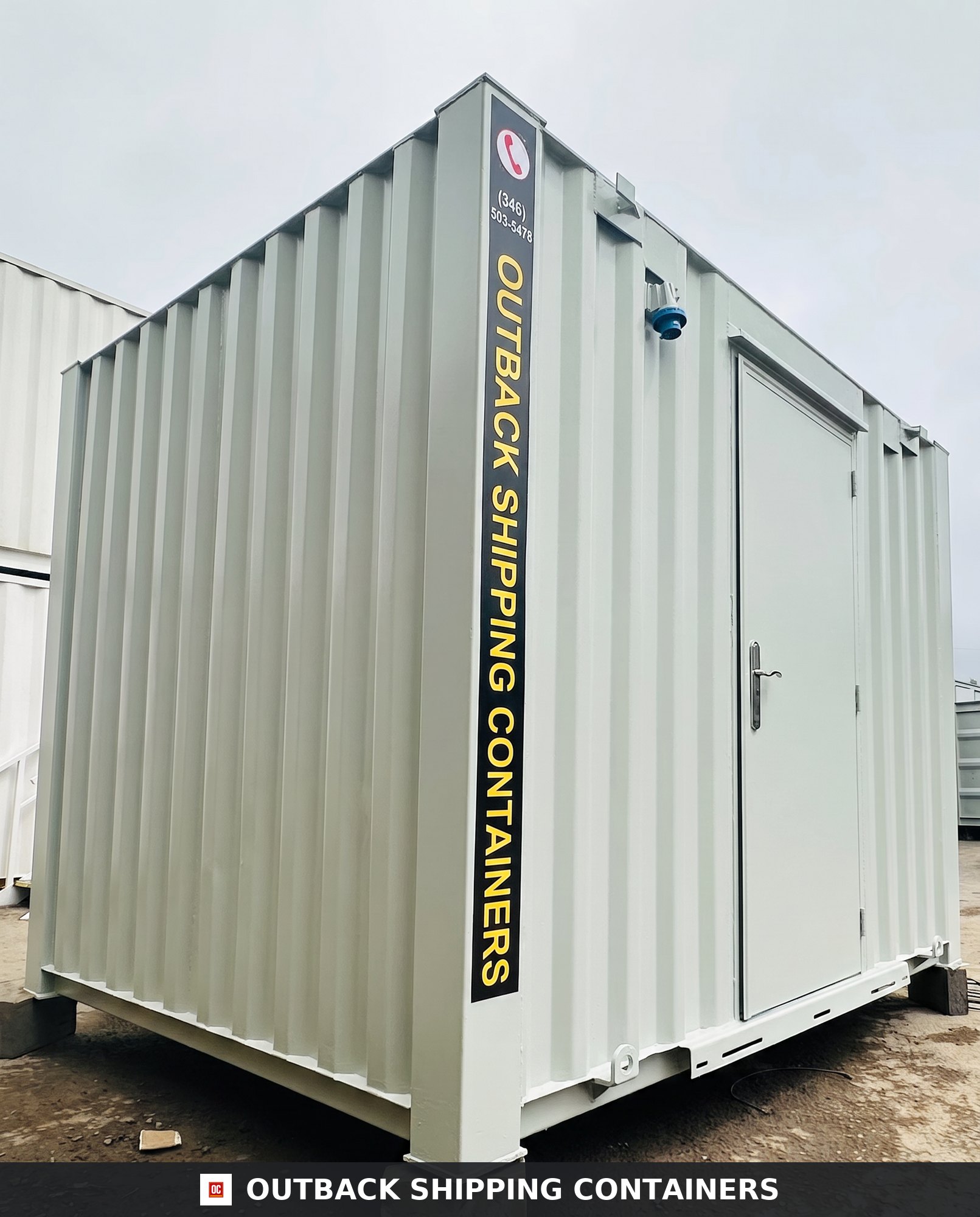 10x8 ft 10X8FT for Sale — Side Profile View | Outback Shipping Containers Light gray anti-vandal portable office cabin with a steel personnel door and corrugated metal exterior walls