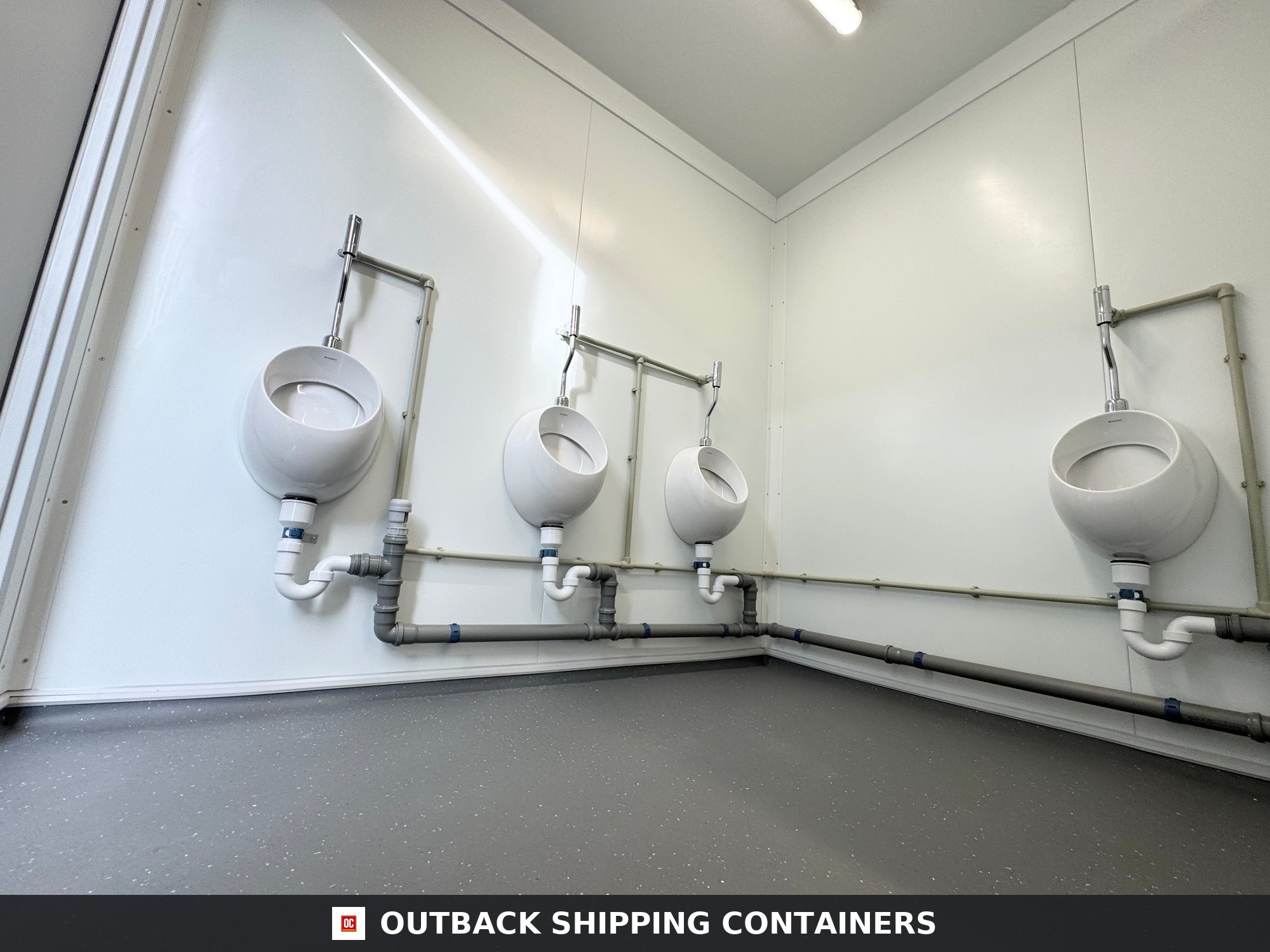Toilet Block for Sale — Door and Entry Detail | Outback Shipping Containers Toilet Block — 5 WC / 5 Basins / 4 Urinals — 20 x 8 ft NEW Portable — Grey — No 797 — product gallery image 7 of 19