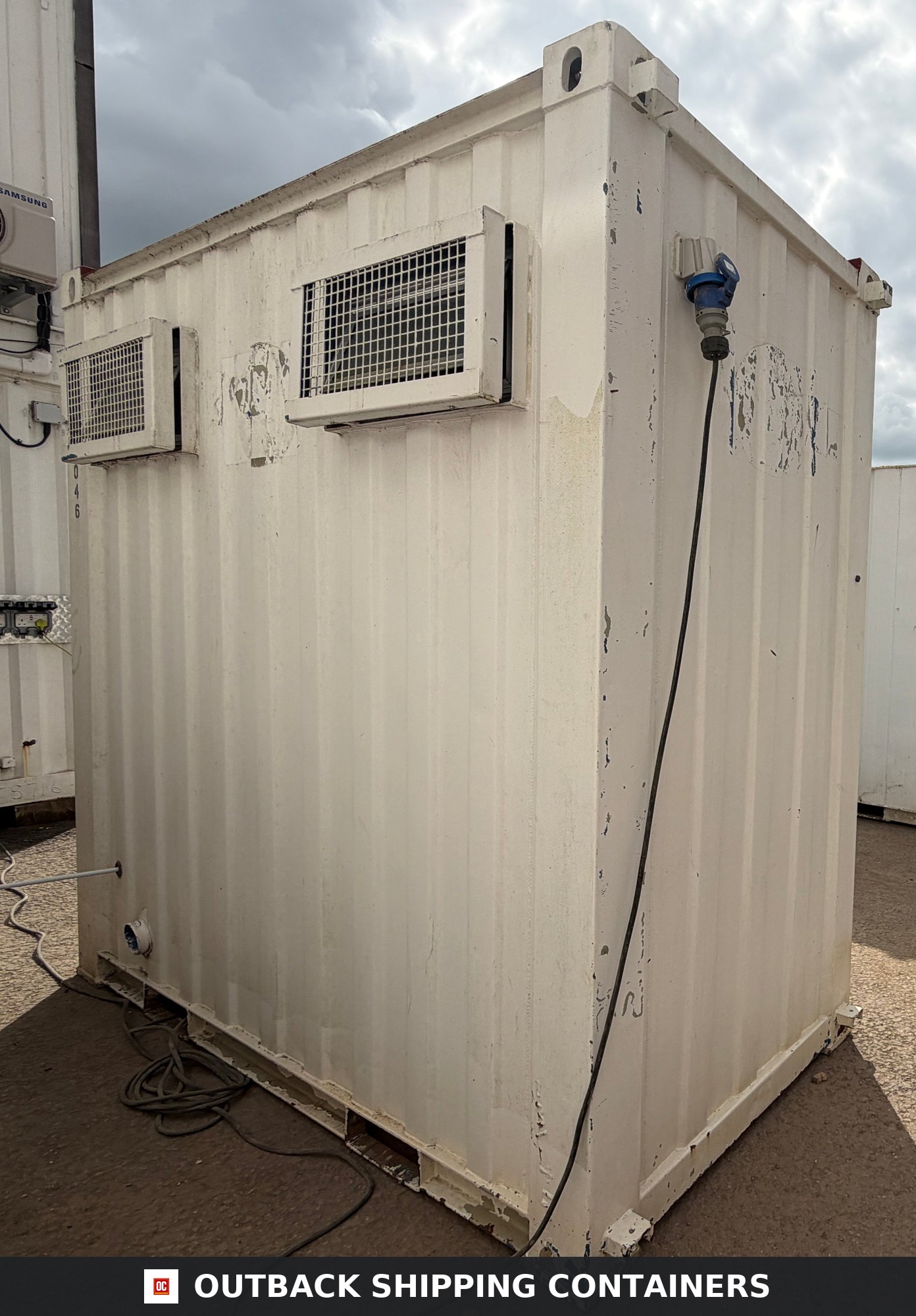 Double Toilet Block for Sale — Rear Exterior View | Outback Shipping Containers 2 3 Double Toilet Block — Male & Female WC — 8x5 Ft — Unrefurbished Portable Toilet Block — 1+1 Toilet Block — Blue/White - image 4