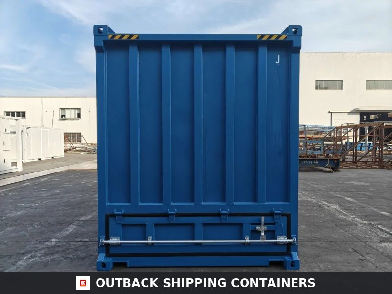 20ft blue bulk storage shipping container showing the rear discharge hatch and vertical corrugated steel panels