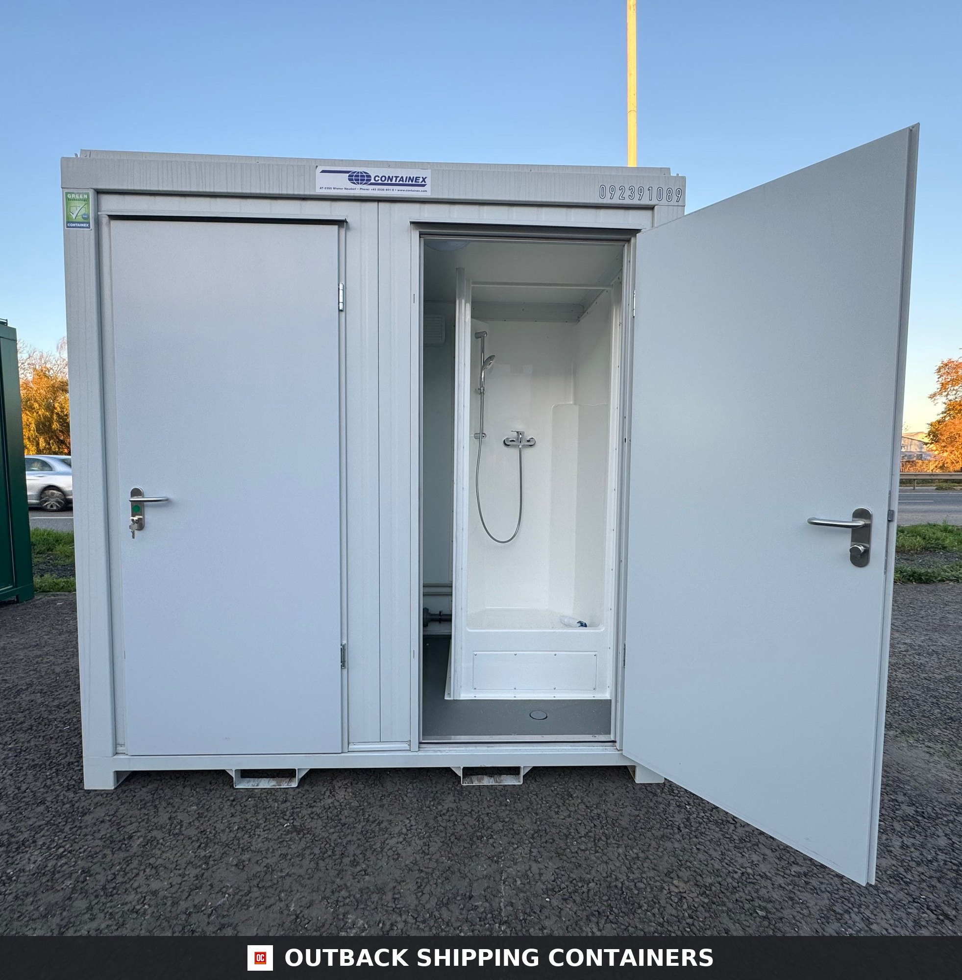 NEW 1 Toilet & 1 Shower Block for Sale — Interior View | Outback Shipping Containers NEW 1 Toilet & 1 Shower Block — 8 x 5 ft — Portable Containex — Grey — No 855 — product gallery image 4 of 10