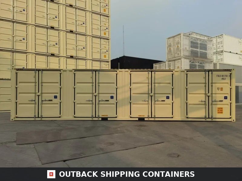40ft HC Open Side Container with 4 Doors for Sale — Interior View | Outback Shipping Containers Tan 40ft HC open side container with four sets of double cargo doors along the side wall in a shipping yard
