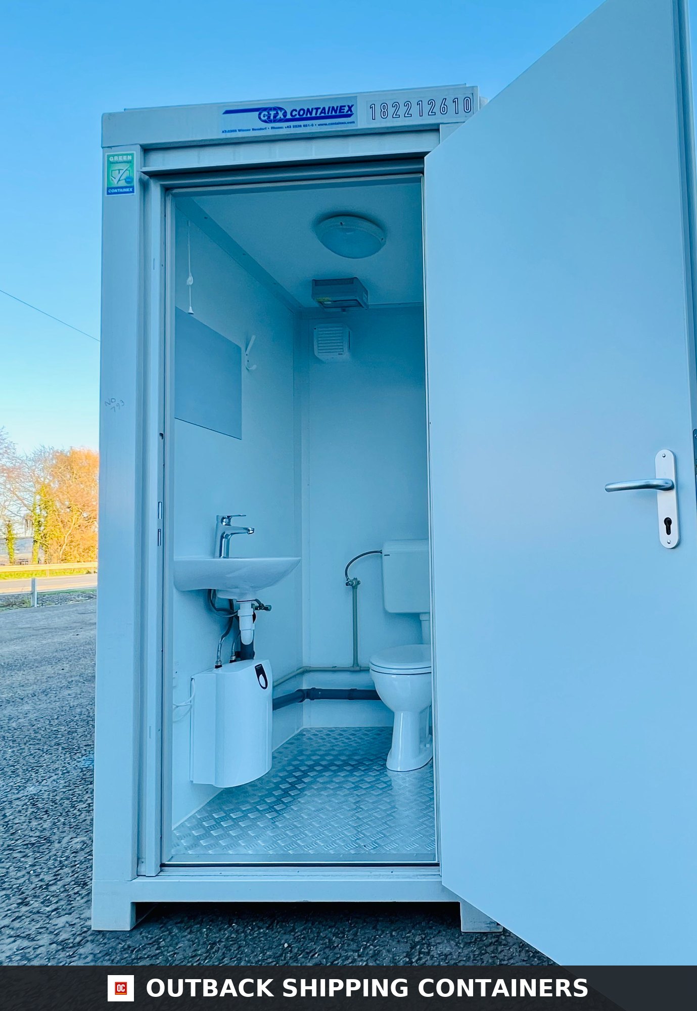 New Single Toilet Block for Sale — Side Profile View | Outback Shipping Containers New Single Toilet Block — 5x5 ft WC — Containex — Light Grey — No 791 — primary exterior image 1 of 6