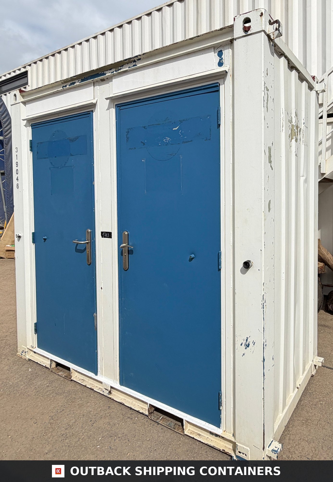 Double Toilet Block for Sale — Three-Quarter Angle View | Outback Shipping Containers 2 3 Double Toilet Block — Male & Female WC — 8x5 Ft — Unrefurbished Portable Toilet Block — 1+1 Toilet Block — Blue/White - image 3