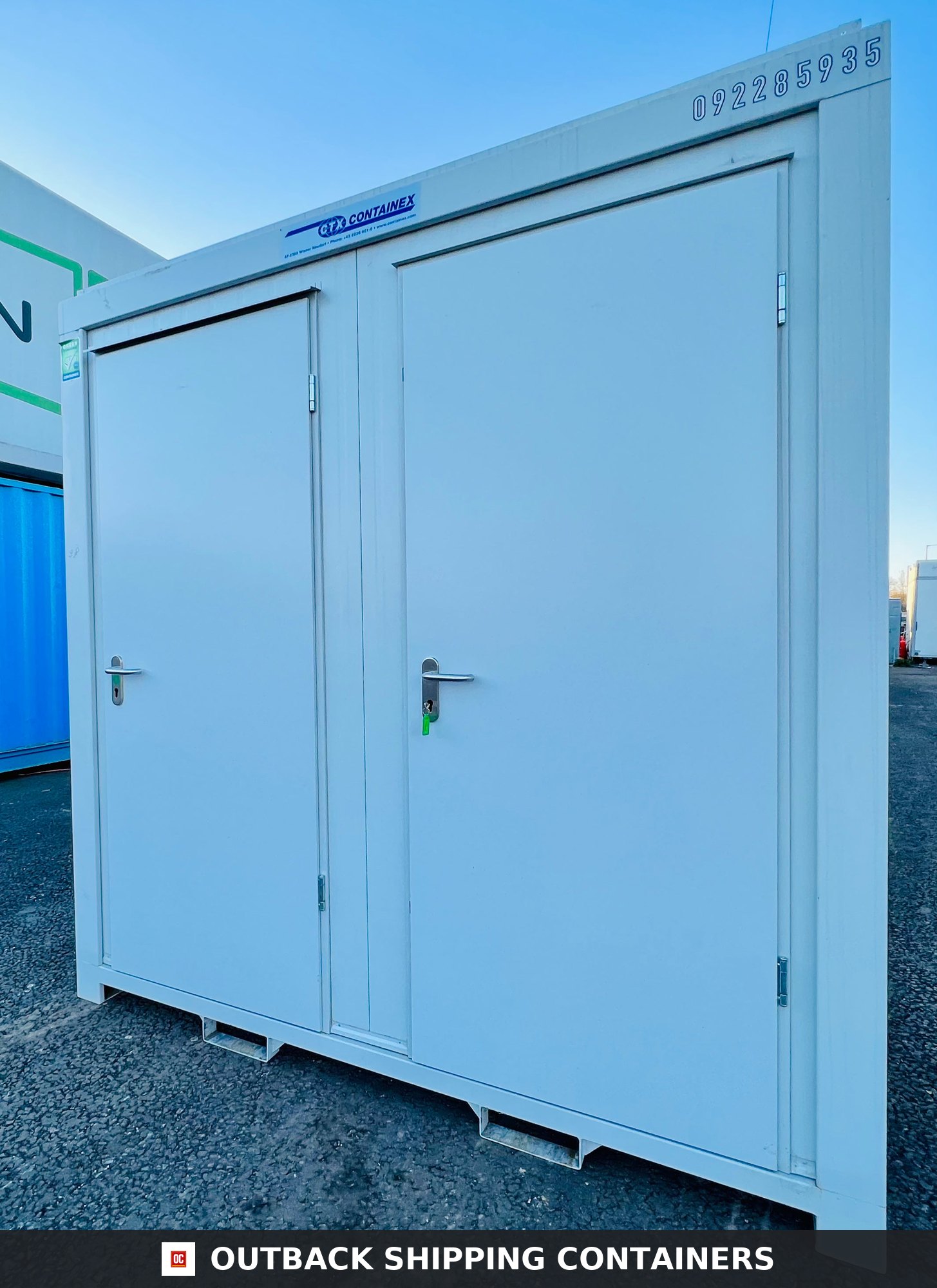 Double Toilet Blocks for Sale — Door and Entry Detail | Outback Shipping Containers Double Toilet Blocks — Male/Female WC — 8x5 ft — NEW 1+1 Toilet Block — Light Grey — No 790 — product gallery image 6 of 8
