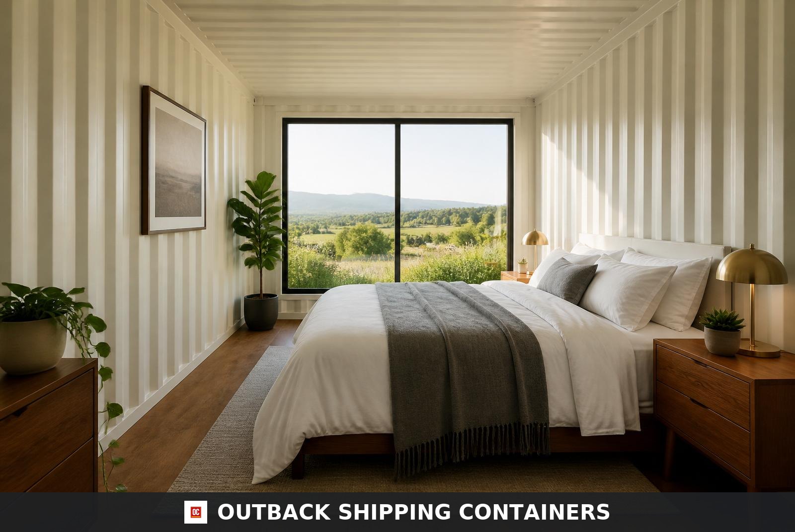 Trinity U-shape container home — bedroom inside the 20ft container with picture window and countryside view