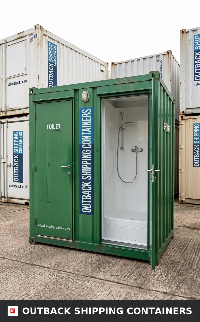 Toilet & Shower Block for Sale — Rear Exterior View | Outback Shipping Containers Toilet & Shower Block — 8 x 5 ft Brand New Portable — Green — No 855G — product gallery image 4 of 9
