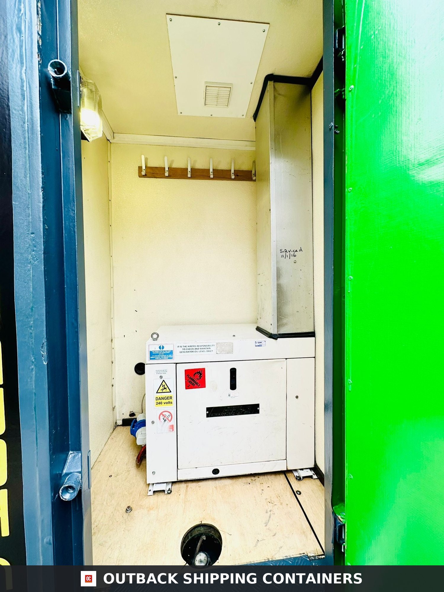 Groundhog Towable Mobile Welfare | Towable Canteen + Toilet — Window and Shutter Detail Groundhog GP 360 towable welfare unit interior showing a diesel generator compartment with a ventilation shaft and coat hooks