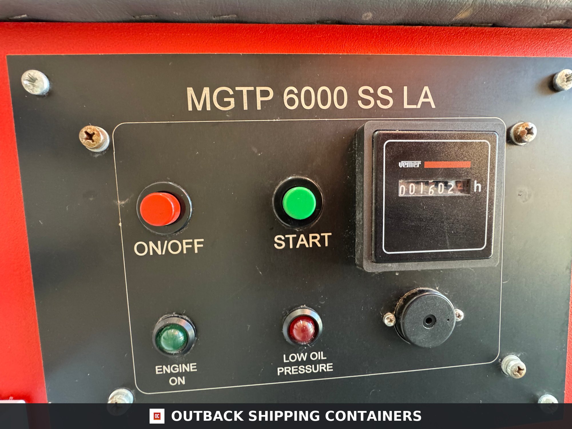 Groundhog Towable Mobile Welfare | 2019 Twin Axle 16ft Welfare — Window and Shutter Detail MGTP 6000 SS LA generator control panel for Groundhog welfare unit showing start buttons and engine hour meter