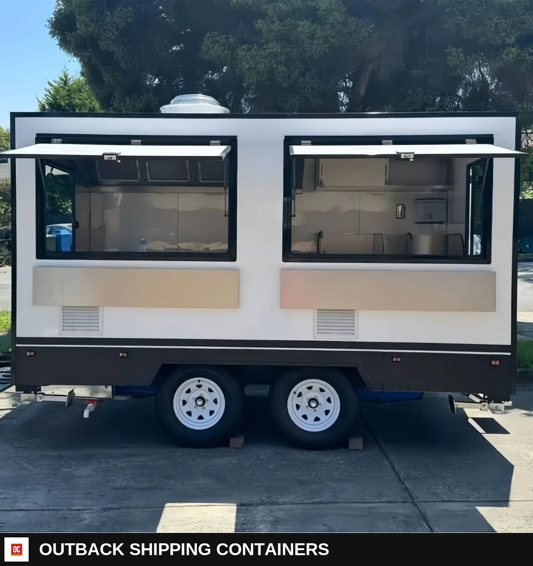 Modern White & Black Square Food Trailer 4m Box Style Mobile Kitchen Dual Axle — Stainless Prep And Counter Area | Outback Shipping Containers Modern White & Black Square Food Trailer 4m Box Style Mobile Kitchen Dual Axle for sale — stainless prep and counter area