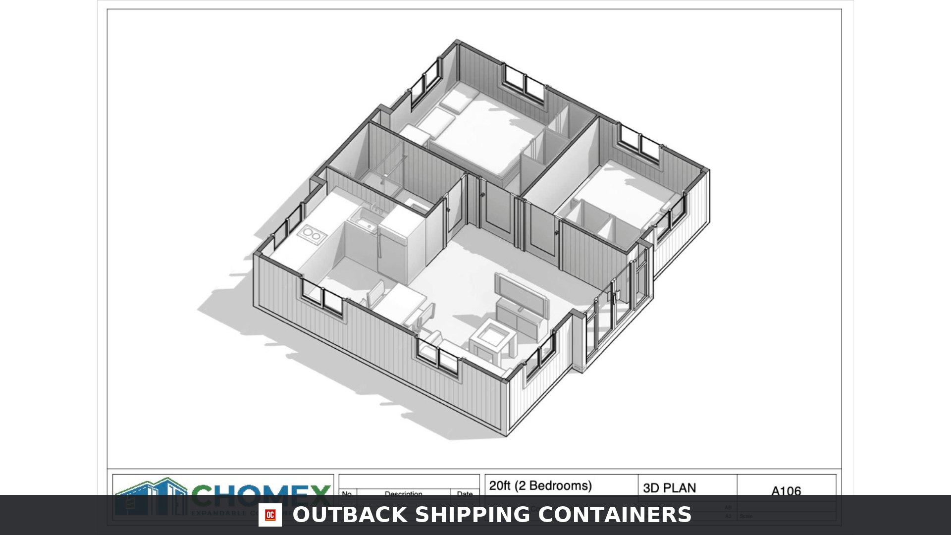 20FT Expandable 2 Bedroom Container Home for Sale — Expandable Container Home Rendering, Front Three-Quarter View | Outback Shipping Containers 20ft expandable 2 bedroom container home 385 sq ft — expandable container home rendering, front three-quarter view