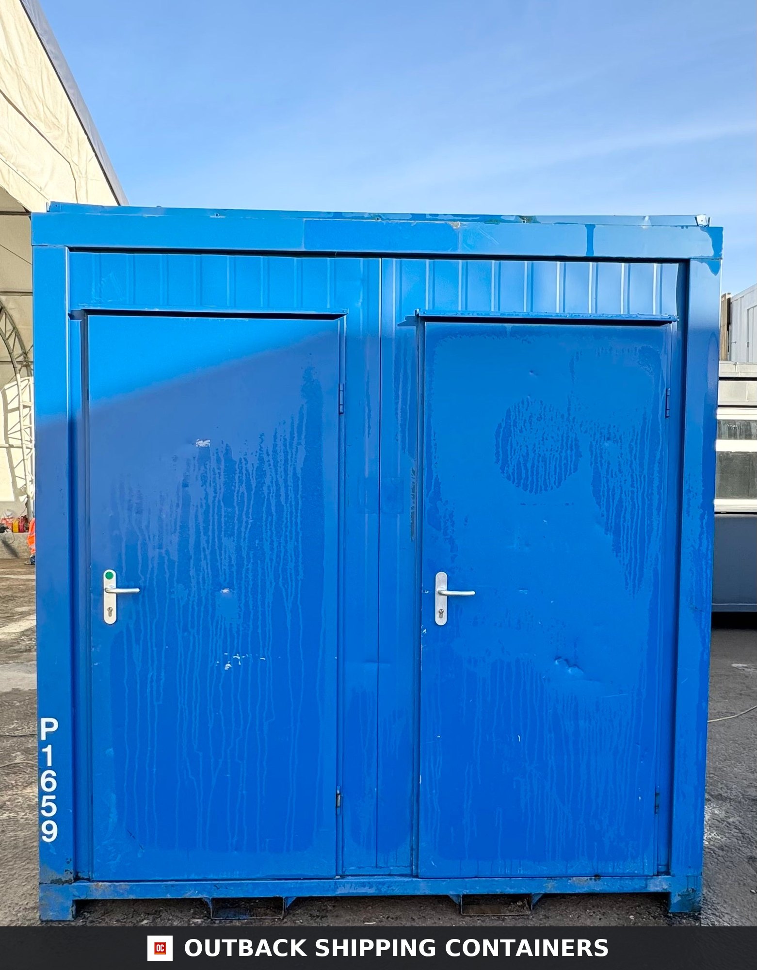 Double Toilet Blocks for Sale — Side Profile View | Outback Shipping Containers 2 Double Toilet Blocks — Male Female WC — 8x5 Ft — Unrefurbished Portable Toilet Block 1+1 Toilet Blocks — Blue - image 1