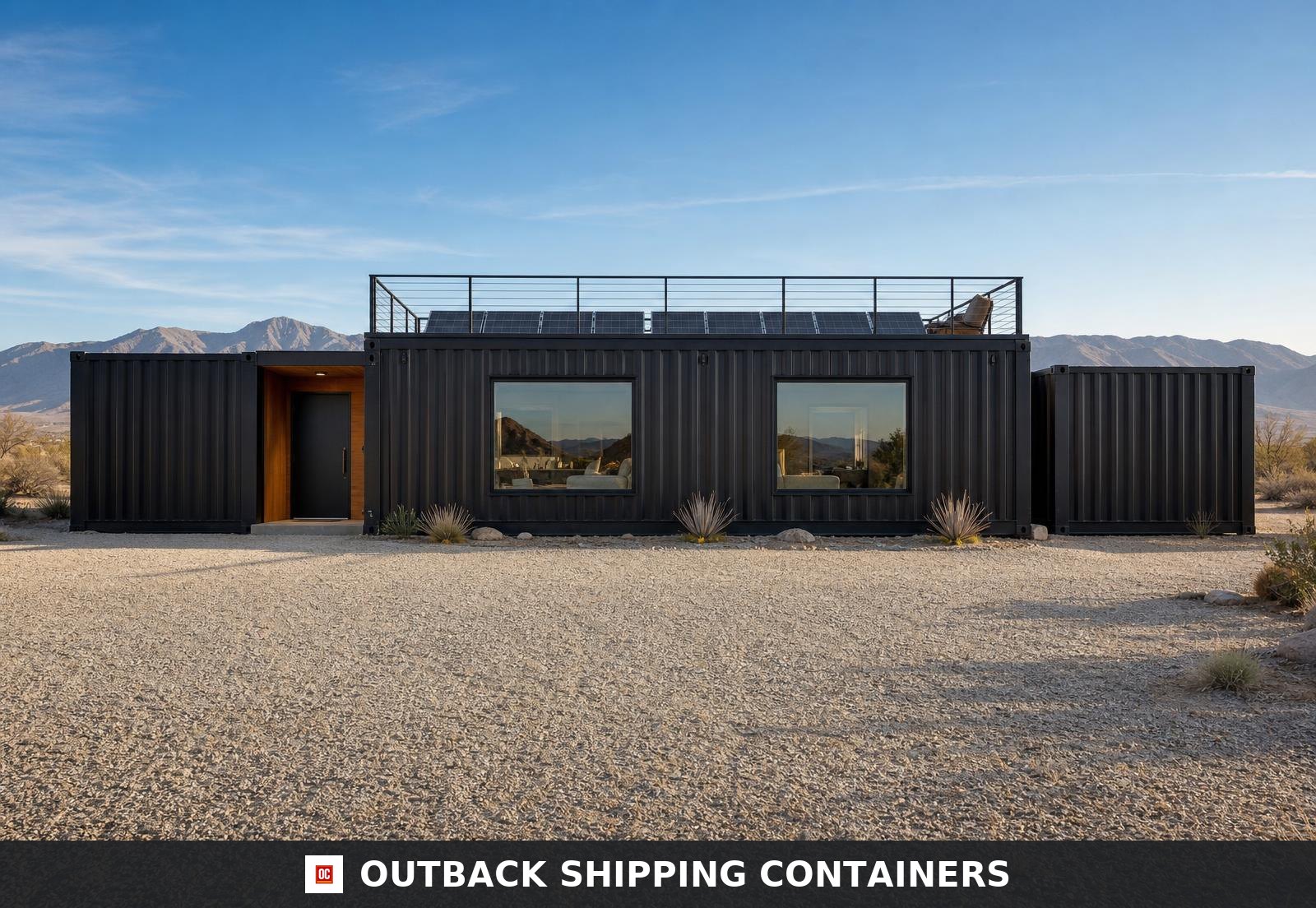 North entry elevation of the container home with stepped 20ft modules flanking the central Great Hall and walkable roof deck