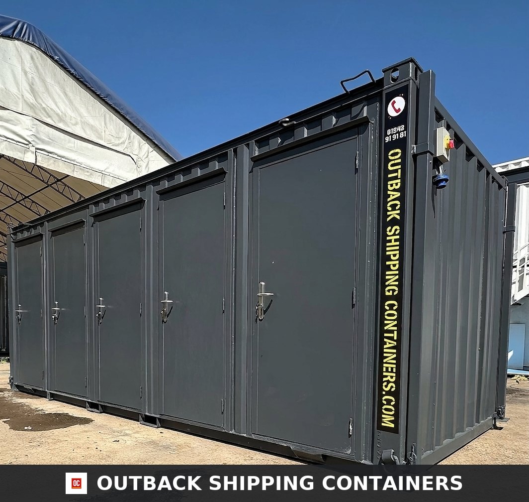 Toilet Block for Sale — Rear Exterior View | Outback Shipping Containers 2 Toilet Block — 20 x 8 ft — 5 Bays Anti-Vandal Portable — No 1432 — product gallery image 3 of 13