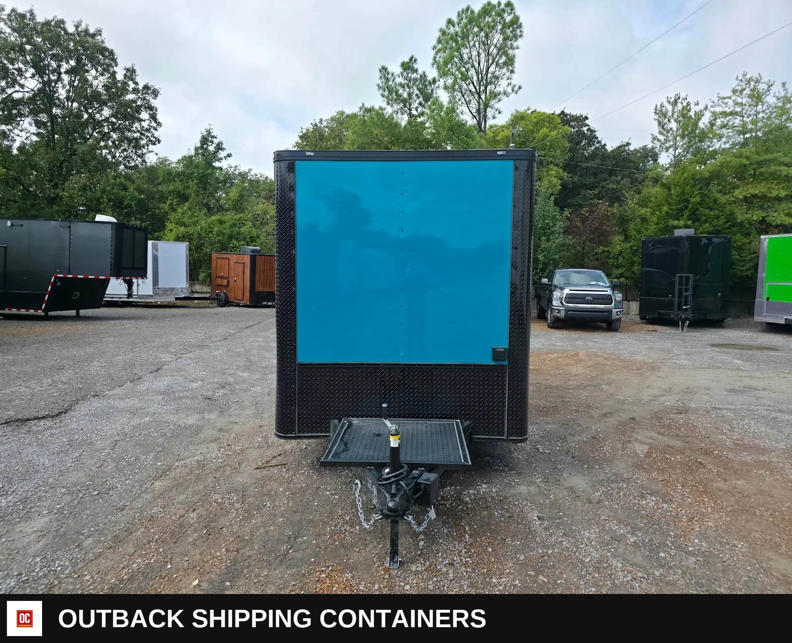 7 x 12 Water Blue Flat Front Concession Catering Trailer — Serving Window And Hatch | Outback Shipping Containers 7 x 12 Water Blue Flat Front Concession Catering Trailer for sale — serving window and hatch