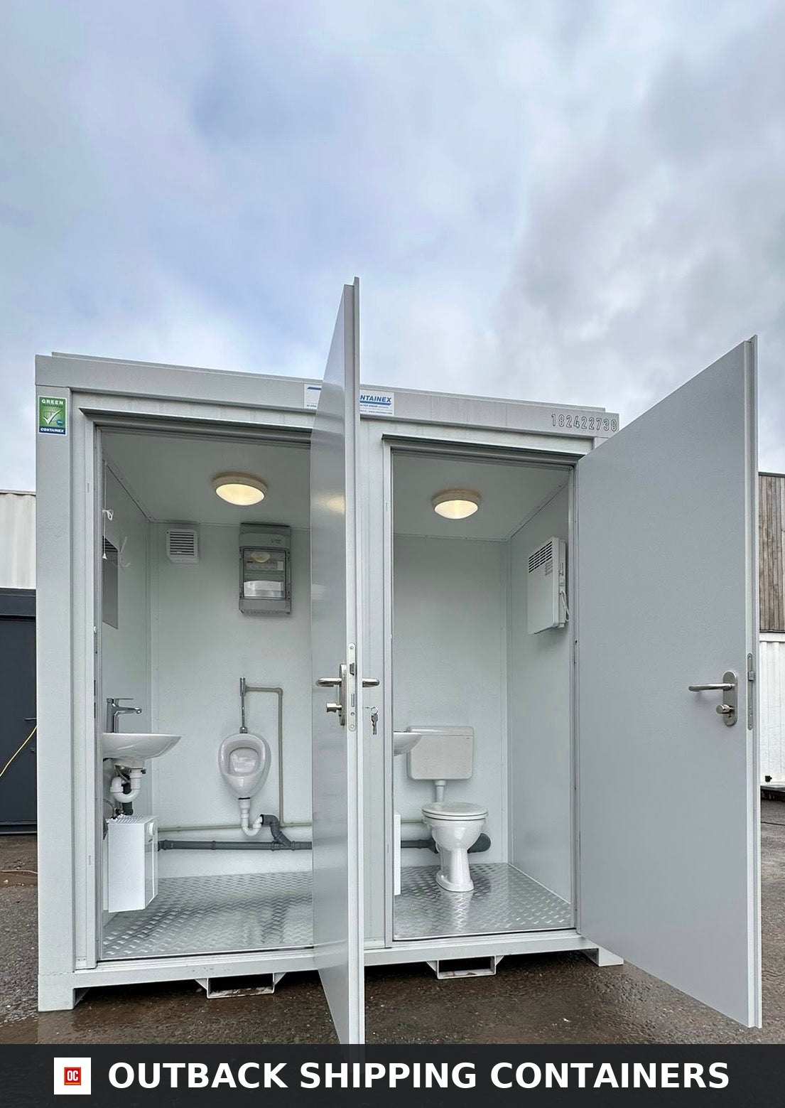 NEW Portable Toilet + Urinal for Sale — Interior Detail | Outback Shipping Containers NEW Portable Toilet + Urinal — Male/Female WC + Urinal — 8 x 5 ft — Light Grey — No 792 — product gallery image 5 of 13