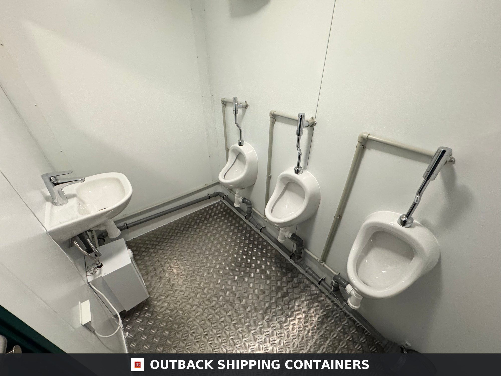 Triple Urinal Unit for Sale — Interior View | Outback Shipping Containers Triple Urinal Unit — 8 x 5 ft NEW Portable Toilet Block — Green — No 793 — product gallery image 4 of 15