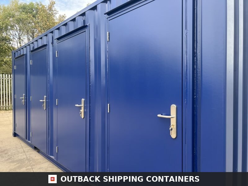 Blue 20ft shipping container divided into multiple storage units with individual locked personal entry doors